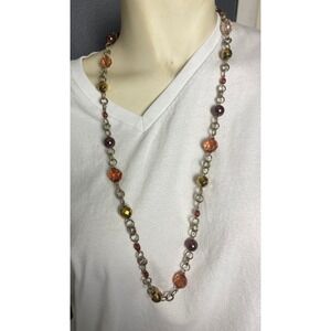 Gold Tone Long Link Chain Necklace with Amber Brown Gold Resin Beads 32 Inch